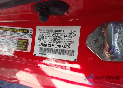 2007 Honda Civic Ex from USA, damaged, VIN 2HGFG12887H533297